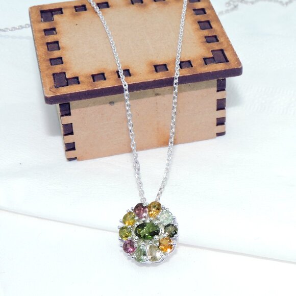 Tourmaline Gemstone Sterling Silver Pendant Adjustable Chain Necklaces - Picture 4 of 4